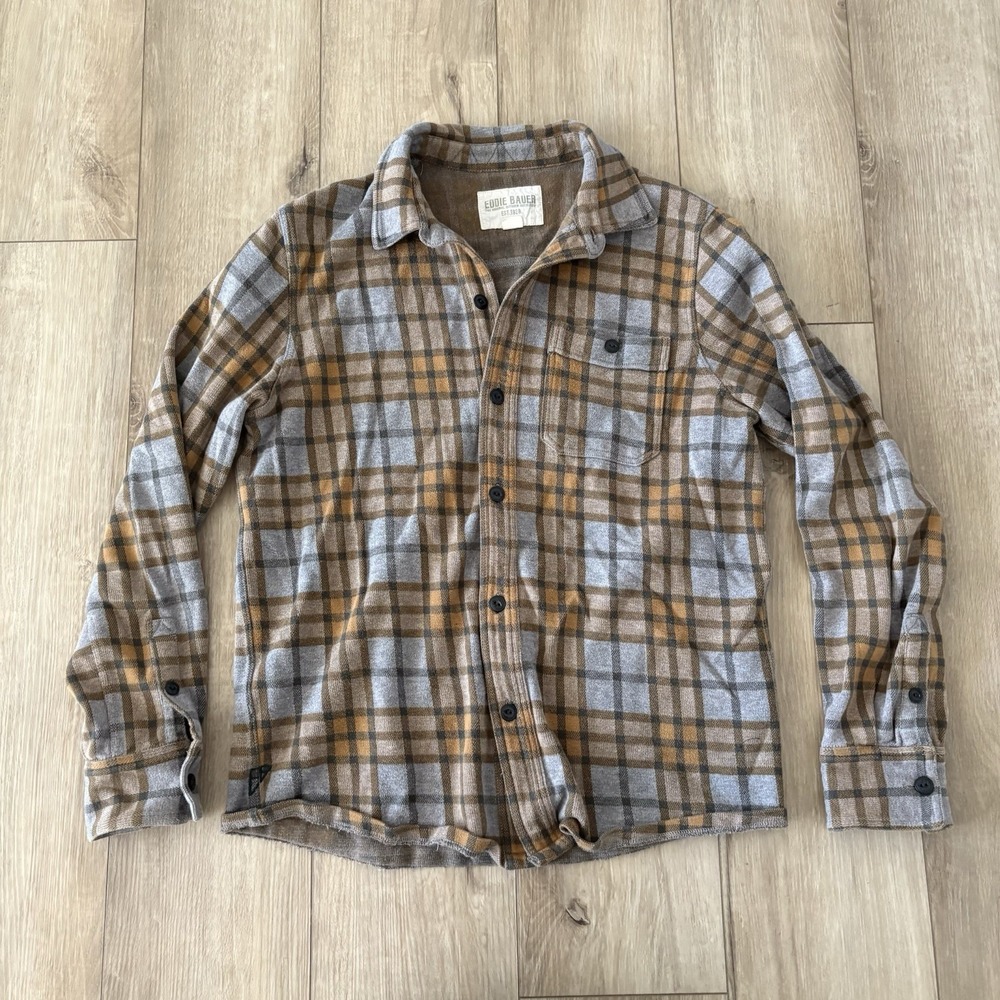 Eddie Bauer Men's Plaid Flannel Button-Up Shirt Long Sleeve Brown‎ Gray Large L